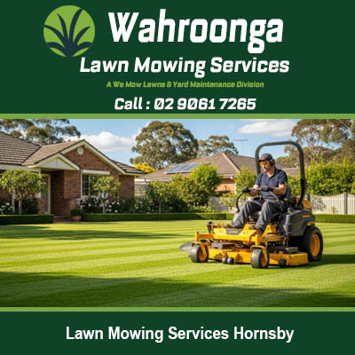 Commercial lawn care specialist maintaining residential property with ride on mower in Hornsby New South Wales