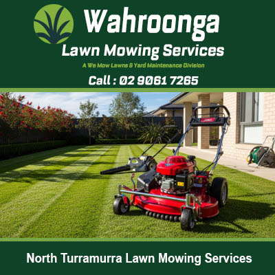 Professional lawn mowing equipment maintaining residential garden in North Turramurra New South Wales