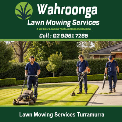Professional lawn mowing team maintaining residential garden with striped finish in Turramurra NSW