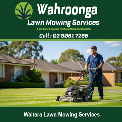 Professional lawn mowing services in Waitara NSW with landscaper maintaining residential garden